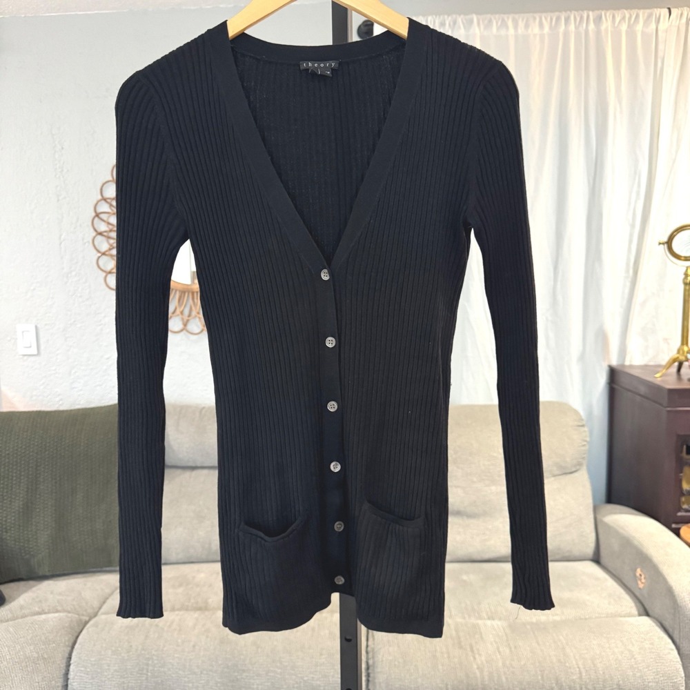Theory Cardigan Sweater Small Black Ribbed 95% Wool Stretchy Quiet Luxury *Read